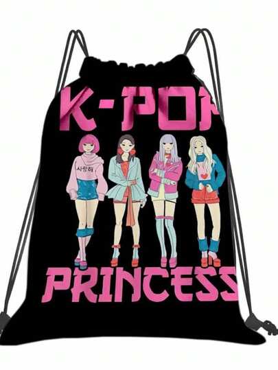 K-Pop公主印花抽绳双肩包 - 波西米亚学院风双肩包，音乐主题健身包，可折叠收纳，抽绳设计，可作泳包，轻便大容量，可收纳鞋子，运动包，16英寸*13英寸