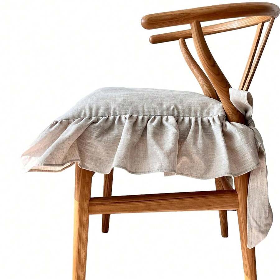 Korean Made Chair Pad 17.5'x 17.5' Slipcover Chair Cushion Cover Ties With Ruffle Farmhouse Decor Covers Only, Gift For Mom (Solid Beige) - 售米色 - 查看 1
