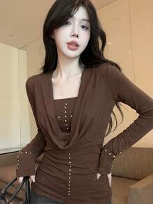 Bộ 2 chiếc áo croptop dài tay cổ thấp dáng ôm sát đính đinh tán phong cách Mỹ gợi cảm, thích hợp cho mùa xuân. - Màu cà phê - Xem 5