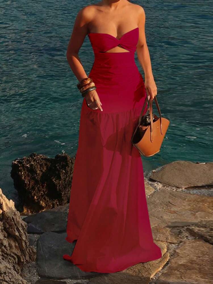 Vacation Beach Sexy Solid Color Twist Hollow Out Dress Summer - Red - View 1