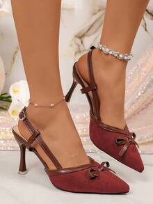 Giày sandal buộc nơ màu trơn, giày cao gót quai ngang kín mũi mới cho nữ mùa hè, giày cao gót mũi nhọn thời trang. - Đỏ - Xem 4
