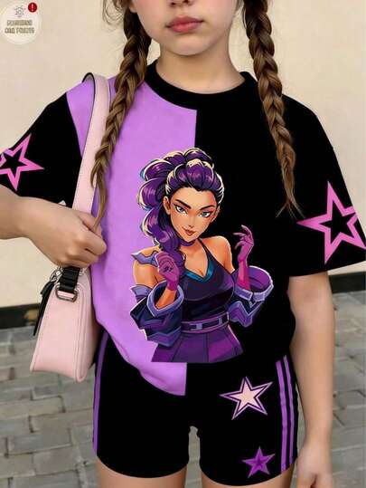 2pcs/Set Young Girl Fashion Knit Colorblock Korean Style Cartoon Short Sleeve Pullover Top And Elastic Waist Heart Print Side Stripe Shorts Set, Casual Homewear And Outdoor Sports, Spring/Summer