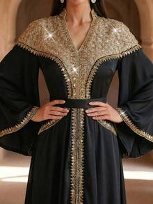 Elegant Lime Green Embroidered Formal Long Robe, Decorated With Beaded Corset And Bell Sleeves, Arabic Long Robe, Suitable For Women, Party Robe, Muslim Evening Robe, Formal Robe, Modest And Decent Style - Black - View 6