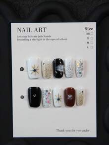 10pcs Handmade Square Coffin Nail Stickers, Acrylic Nail Art Decals With Black, Shiny, Gold Hexagram Pattern For Short Nails, Reusable Nail Decorations Suitable For Women And Girls, Great Gift For Party, Wedding, Daily Wear, With Tool Kit - Black - View 3