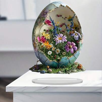 1 Decoración de huevo de estilo bohemio de acrílico con arte floral de primavera vibrante - Ideal para el escritorio y el alféizar de la ventana en el hogar u oficina, regalo encantador para fiestas, sin batería, decoración de pared de oficina