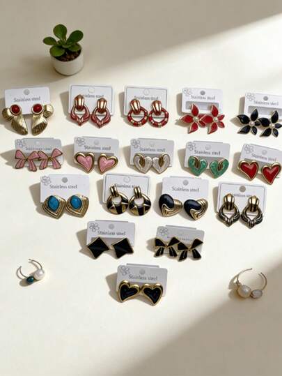 17 Pairs/Set Fashion Stainless Steel Earrings, Bow & Heart & Flower Shaped Stud Earrings For Women Daily & Party Wear(Style Random)