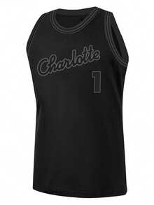 Men's Embroidered Basketball Jersey 1 Black Casual Sleeveless Vest V-Neck T-Shirt Party Sports Top - Black - View 2