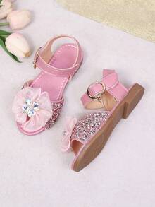 1双复古女童凉鞋，镂空蝴蝶结和水钻装饰，甜美风格，夏季新款防滑橡胶鞋底露趾透气时尚，适合派对、度假，透气露趾沙滩鞋，软底防滑沙滩凉鞋 - 粉色 - 查看 5