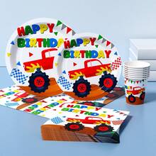 Monster Truck Disposable Plate, Napkin, Cup Set, Plates, Napkins And Cups Party Supplies, Serves 8 Guests, Disposable Paper Plates Party Tableware Suitable For Birthday, Wedding, Theme Party, Family Picnic - Multicolor - View 3