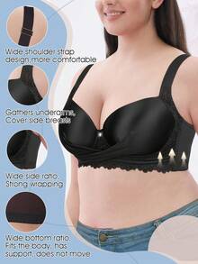 Plus Size Lace Wide Strap Bra - Smooth Thin Padding, Bow Decor, Underwire Support, Lace Trim - Black - View 4