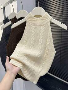 Áo dệt kim không tay thời trang mùa xuân dành cho nữ, với chi tiết dệt cáp và gân nổi, kiểu dáng tối giản, ôm sát, thanh lịch. - Màu be - Xem 2