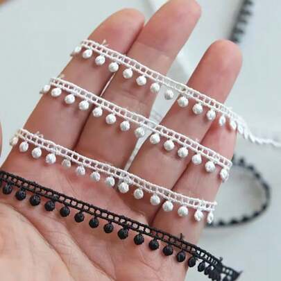 1.2cm Wide Tassel Lace Satin Ribbon, Embroidered Lace Cotton Ball Tassel Trim, DIY Sewing Craft Supplies