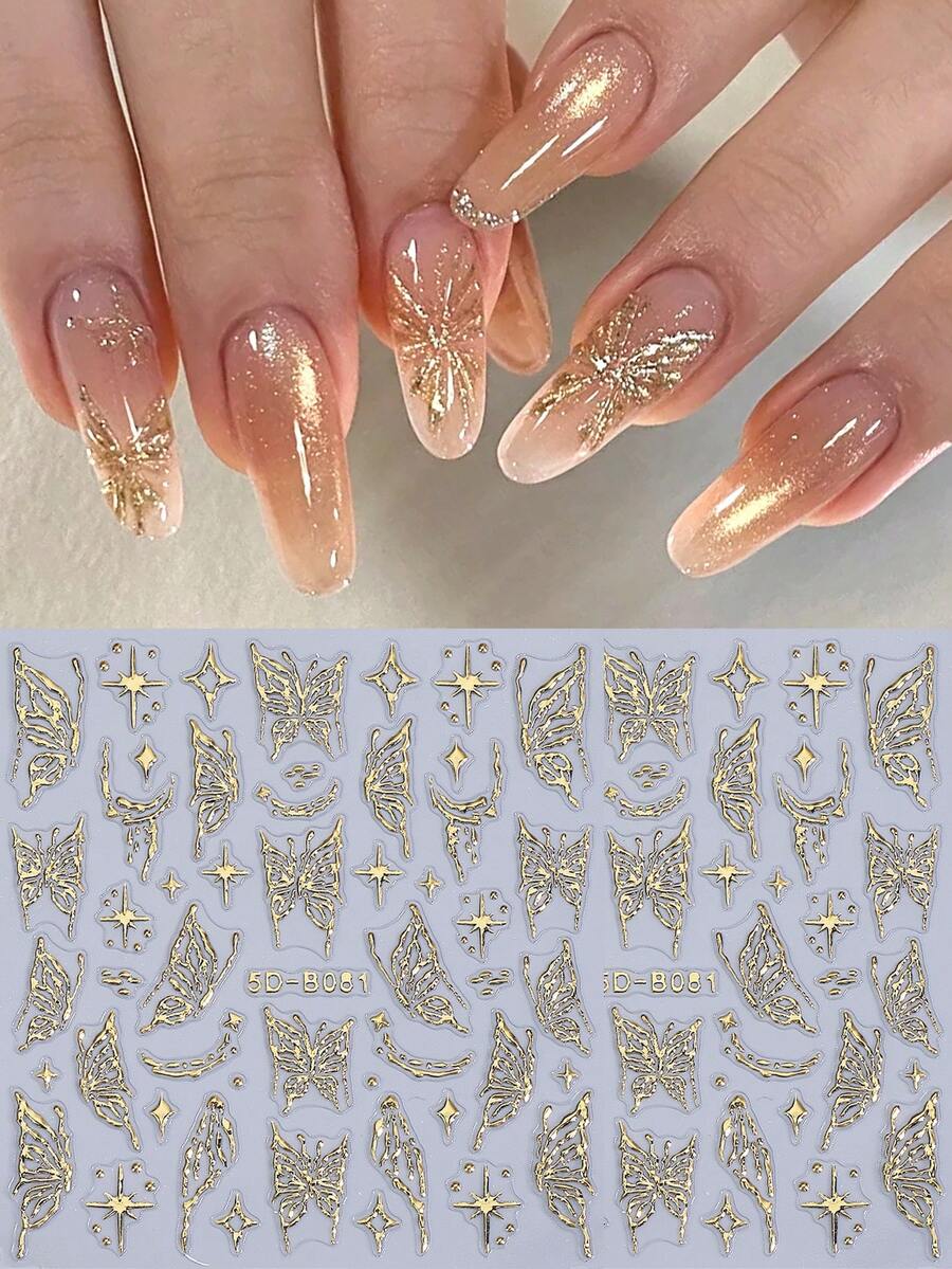 2pcs 5D Embossed Gold Butterfly & Star Spring Nail Art Stickers, Gold Line Butterfly Glitter Luxury Embossed Nail Decals, DIY Japanese Nail Art Self-Adhesive Decorations Nails Nail Supplies - Gold - View 1