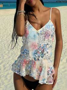 Camiseta de tirantes finos con cuello en V, estampado floral y detalles de lentejuelas para mujer, para uso casual - Rosa - Ver 3