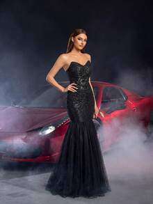 Faeriesty Elegant Black Strapless Mermaid Evening Gown With Sequin Bodice & 3D Floral Embellishment, Tulle Net Skirt Formal Dress For Gala, Wedding Guest, Black Tie Event, Formal Dinner - Black - View 4