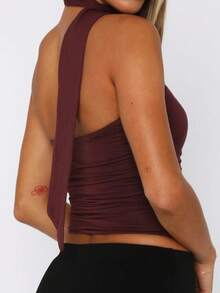 Women's Sexy Backless Knit Crop Top, Y2K Style, Summer - Reddish Brown - View 4