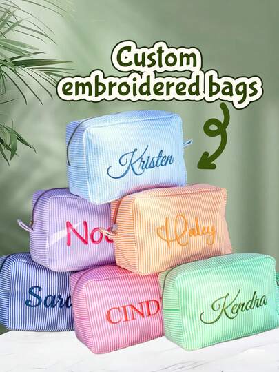 Personalized Letter Embroidered Tulle Cosmetic Bag, Travel Makeup Pouch, Bridesmaid Gift