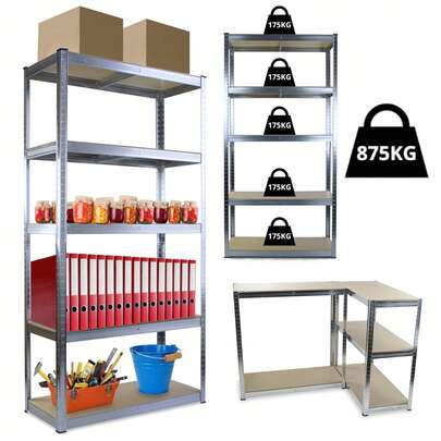 Metalowy regał magazynowy Humberg, 180 x 90 x 40 cm, półka o dużej wytrzymałości, półka garażowa, półka magazynowa, regał mocowany bezśrubowo. Półki magazynowe Regały do pomieszczeń magazynowych Regały piwniczne Regały warsztatowe 2 w 1 180 x 90 x 40 cm z 5 półkami.