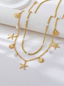 2pcs Bohemian Style Waist Chain, Gold Beaded Chain With Shell & Starfish Pendant, Detachable Double Layer Waist Chain For Daily, Party, Beach, Bikini, Elegant & Refined For Women - Golden Two-piece Suit - View 4