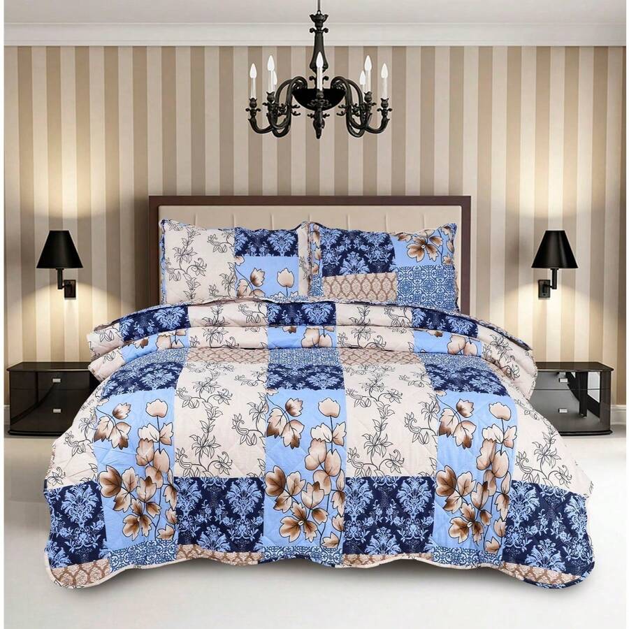 3pcs Luxury Patchwork Reversible Bedspread Quilted Throw Printed Bedding Set Double & King Soft And Breathable - Raani - View 1