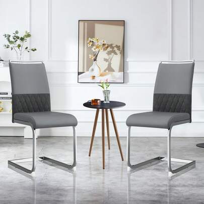 Set Of 2 Modern Dining Chairs, PU Faux Leather And Linen, Padded Side Chairs, Kitchen, Dining Room, Office Chairs, Black, Grey.