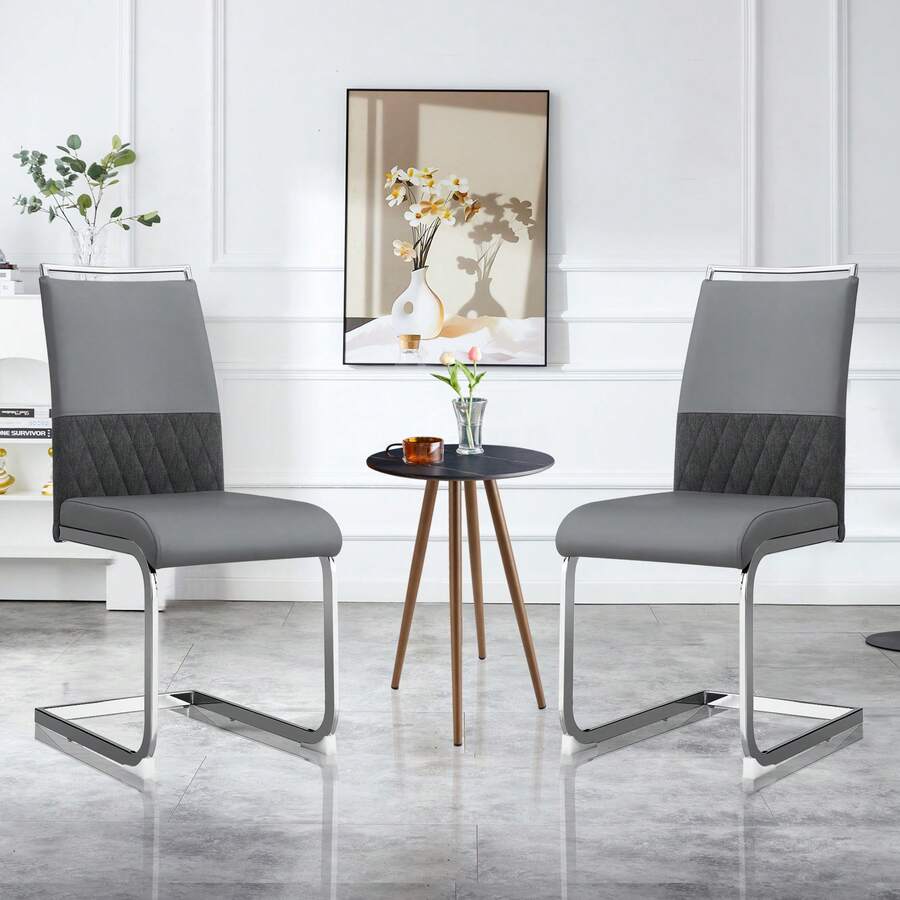 Set Of 2 Modern Dining Chairs, PU Faux Leather And Linen, Padded Side Chairs, Kitchen, Dining Room, Office Chairs, Black, Grey. - Grey - View 1