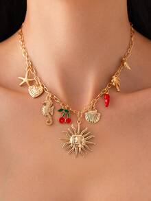 1件海洋假日几何细链金属向日葵、海星、贝壳、扇贝、海马流苏吊坠项链，优雅奢华，适合婚礼派对、海滩度假、日常休闲、街头风格，女士情侣假日生日百搭项链礼物 - 金色 - 查看 2