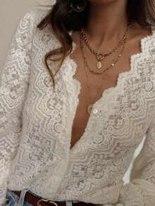 Women's Elegant Long Sleeve V-Neck Crochet Hollow Lace Blouse, Spring/Summer - White - View 4