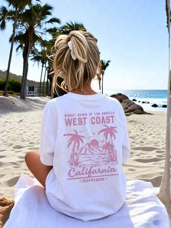 Women's Summer New Beach Pattern And Letter Print Round-Neck Short-Sleeved T-Shirt, Casual Loose Versatile Top, Fashionable Daily Wear Vacation