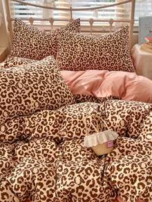 4pcs Soft Bedding Set, 100% Microfiber, Bow Leopard Print Duvet Cover Set (1 Duvet Cover + 1 Flat Sheet + 2 Pillowcases, No Filler), Wild & Open, Fashionable & Unique, Suitable For Single, Double, Queen, King Beds, All Seasons, Valentine's Day Gift - Pink Brown - View 1