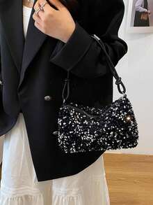 Women Silver Sequin Shoulder Bags Zipper Closure Underarm Handbag Solid Color Tote Handbag For Wedding Prom Parties Travel - A - View 5