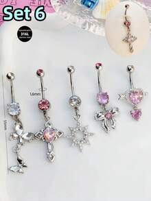 Morlyda 5件套可爱甜美粉色钢制蝴蝶、爱心、花朵肚脐环，不锈钢蛇形十字肚脐环，亚克力星星吊坠肚脐环，闪电肚脐环，猫咪肚脐环，适合女性和女孩，可用于情人节、圣诞节、日常佩戴、派对、度假、聚会等场合。 - 粉色 - 查看 9
