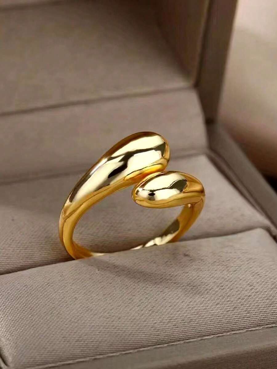 1 chiếc nhẫn hở không đối xứng, mạ vàng, nhẹ, có thể điều chỉnh kích thước, thiết kế hình giọt nước mượt mà. - Vàng - Xem 1