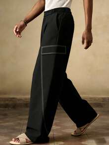 Men's Black Wide Leg Cargo Pants With Contrast Stitching And Button Waist, Street Style - Black - View 2