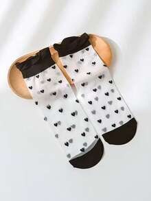 4 Pairs Girls' Mid-Calf Socks With Heart, Bow, Polka Dot, Flower Patterns, Straight Tube Design With Black & White Ruffle Trim, Spring/Summer - Multicolor - View 8