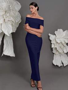 露肩绷带针织紧身连衣裙，奢华欧式风格，修身铅笔裙，适合家庭聚会、派对、宴会、婚礼等春季派对场合。 - 寶藍色 - 查看 5