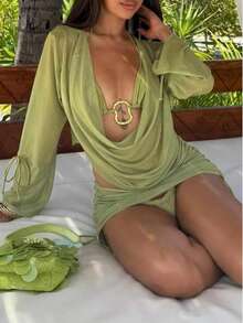 Women's 3 Piece Crochet Bikini Set Front Cut Out Knit Cover Up Swimsuit Sexy Beach Vacation Summer - 綠色 - 查看 4
