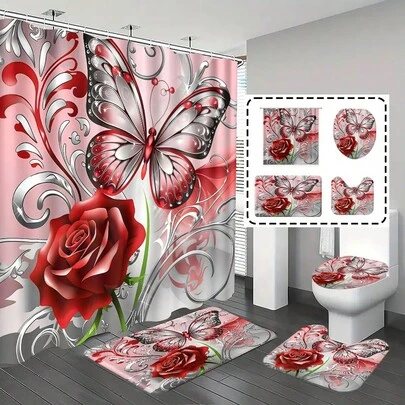 1pc/4pcs Bathroom Curtain Shower Set, Shower Curtain Set, Bathroom Decor, Bathroom Rug, Home Decor, Bath Mat, Red Rose & Butterfly Pattern, Gift, Themed Decoration, Bathroom Set, Comes With 12 Hooks