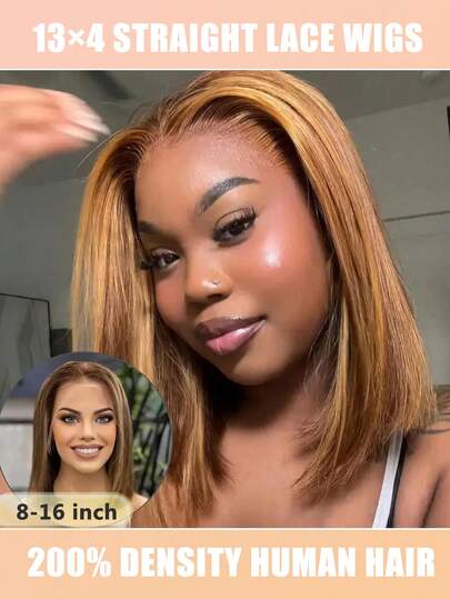 Elegant Honey Blondre Ombre Highlight Short Bob Wig For Women - 16 Inch,Hair With Side Part, Perfect For Daily Wear & Cosplay, Face Shaping, Head Cover, Party Wig Honey Blondre Ombre Highlight Bob Wig Human Hair 13x4 Frontal Lace Wig