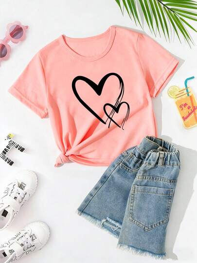 Girls' Casual Heart Print Round Neck Short Sleeve T-Shirt, Summer