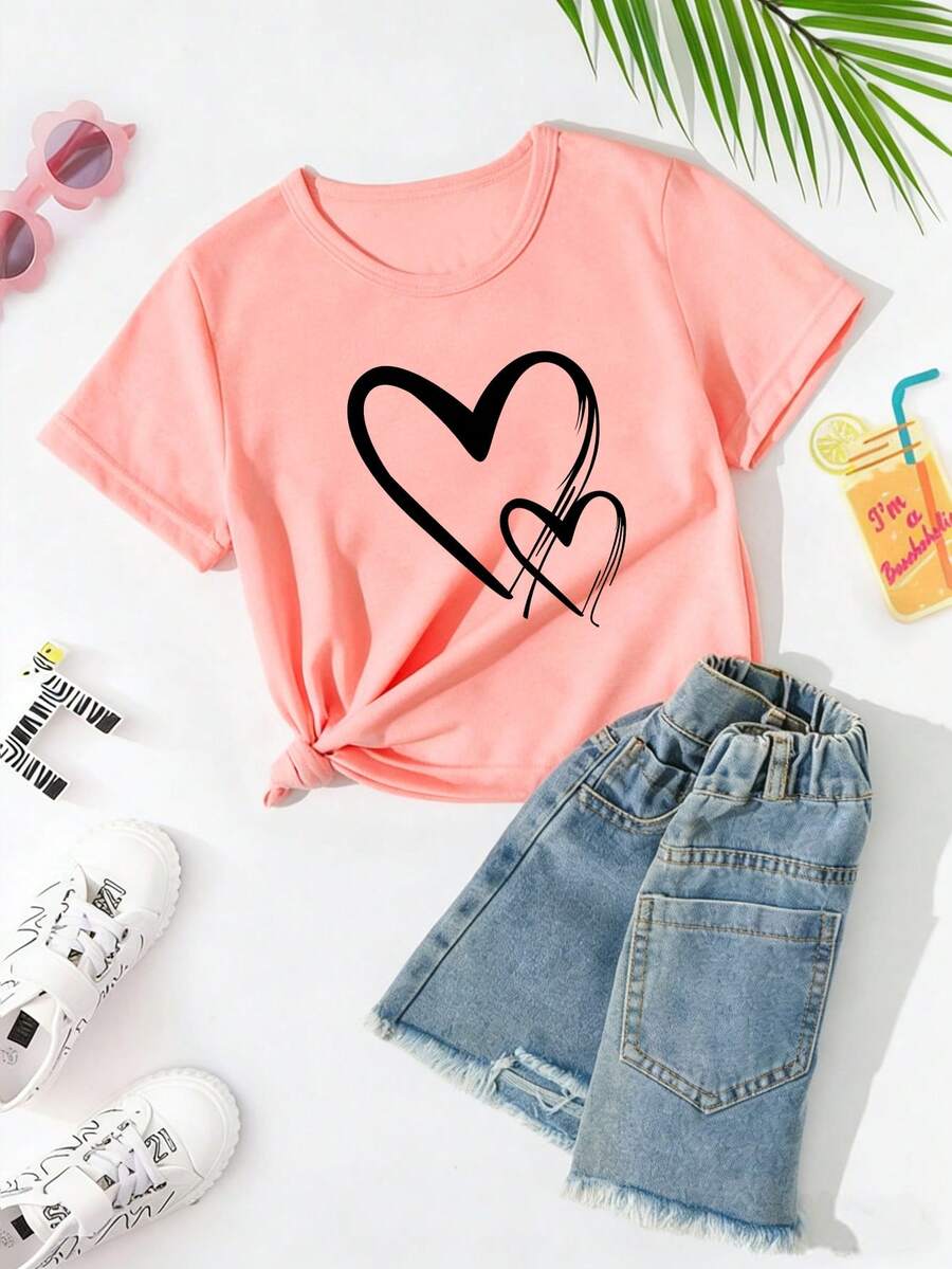 Girls' Casual Heart Print Round Neck Short Sleeve T-Shirt, Summer - Pink - View 1