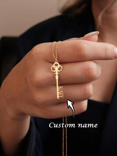 1PC Custom Gold Key Name Necklace, Stainless Steel Necklace, Personalized Key Pendant, Unisex Necklace, Teen Fashion Jewelry, Minimalist Name Necklace, Customizable Things, Name Custom Necklace, Suitable For Everyday Wear And Gifts For Family, Friends, Valentine's Day, Eid Al-Fitr, Mother's Day, Back To School Season Gifts