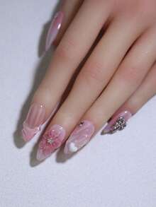 10片杏仁形3D手工雕刻花朵水波纹图案美甲贴片，100%纯手工制作，法式半透明腮红锈玫瑰色，可重复使用，DIY美甲贴片，美甲美容产品，美甲用品，手工美甲贴片 - 乾枯玫瑰色 - 查看 3