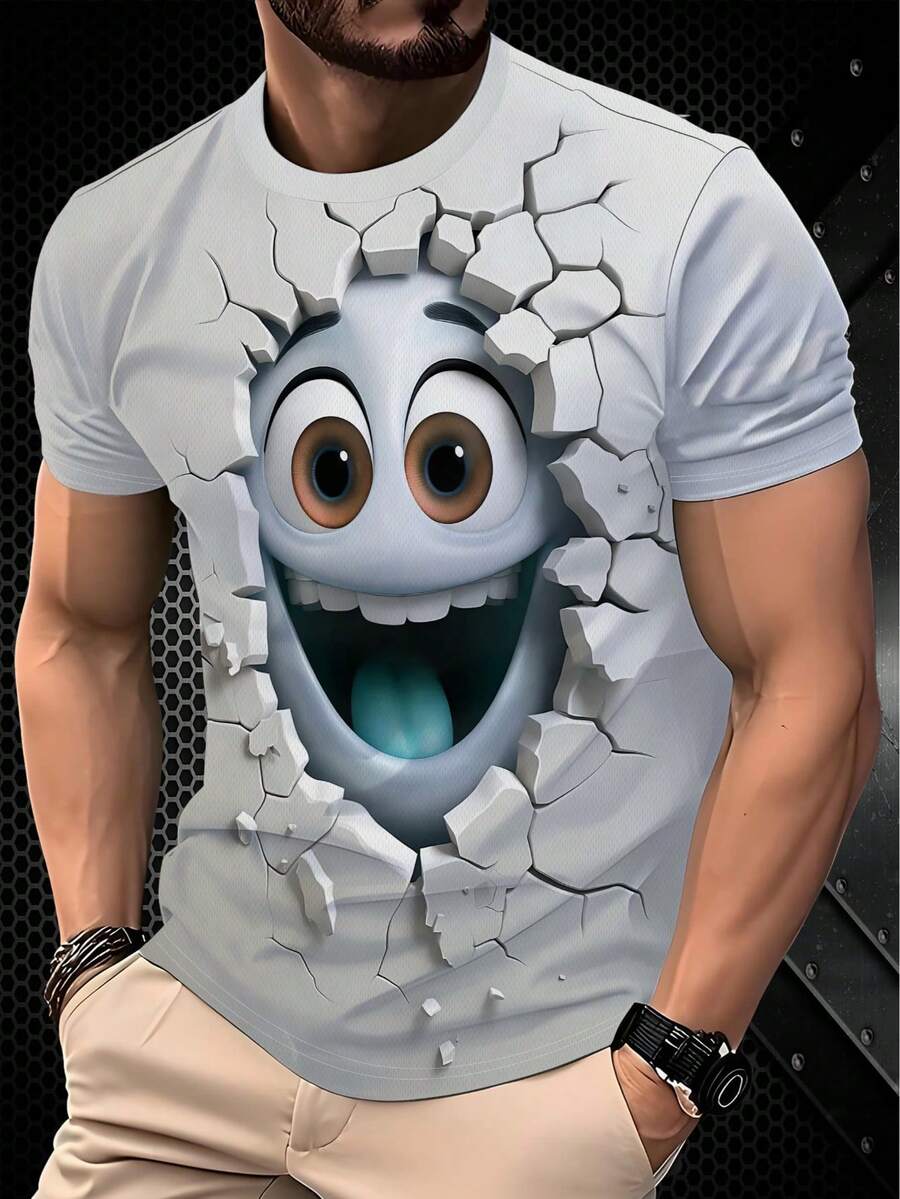 Camiseta blanca de manga corta con cuello redondo, estampado 3D de expresión linda de pared rota, 100% poliéster, para hombre - Multicolor - Ver 1