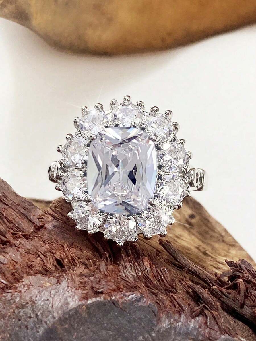 1pc Fashionable Square Cubic Zirconia Ring For Women, Suitable For Wedding, Engagement Party, Valentine's Day Gift