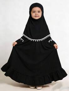 Bộ 2 món gồm váy dài tay màu trơn và khăn trùm đầu dành cho bé gái Hồi giáo. - màu đen - Xem 2