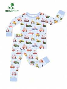 MIOZING  2pcs Ultra Soft Bamboo Viscose Baby Pajama Set, Long Sleeve Top & Pants Loungewear, Trucks, Cars & Heart Print,Breathable Stretchy Sleepwear For Toddler Boys - Màu xanh nhạt - Xem 1