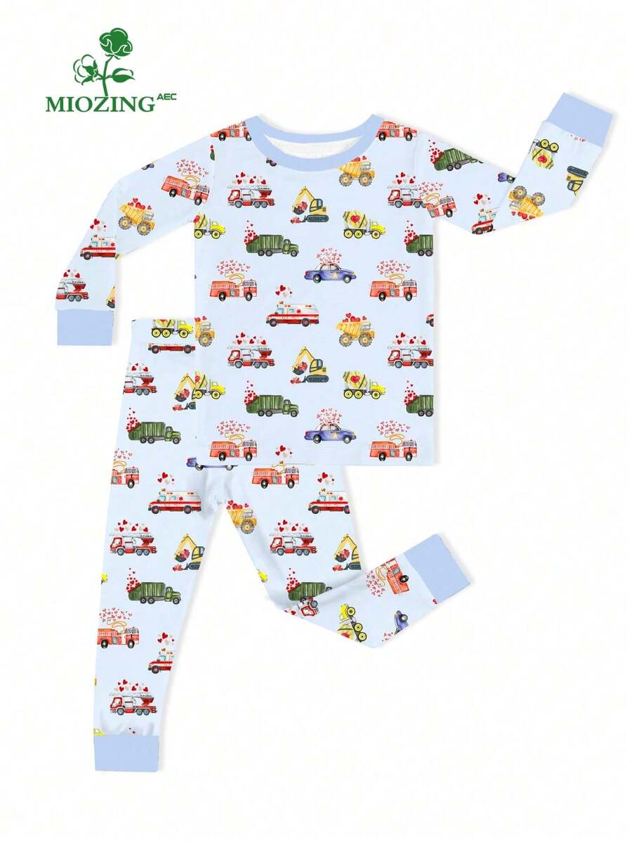MIOZING  2pcs Ultra Soft Bamboo Viscose Baby Pajama Set, Long Sleeve Top & Pants Loungewear, Trucks, Cars & Heart Print,Breathable Stretchy Sleepwear For Toddler Boys - Màu xanh nhạt - Xem 1