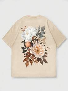 男士东方绘画花卉印花休闲圆领短袖上衣 - 杏色 - 查看 6