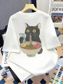 Women Cartoon Print Casual Versatile Commuting Short Sleeve T-Shirt,Ramen Cat T-Shirt, Cat Lover Gift, Anime Cat T-Shirt, Japanese Shirt, Cat T-Shirt, Kawaii Shirt, Foodies Shirt, Ramen Lover Shirt, Kitty Tee - White - View 3